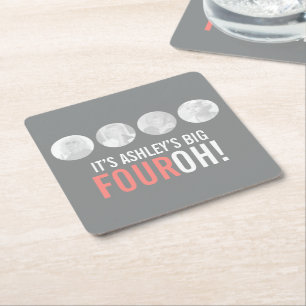 Grey and pink 40th FOUROH! photo birthday party Square Paper Coaster