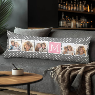 Grey and Pink 5 Photo Collage with Monogram Body Pillow