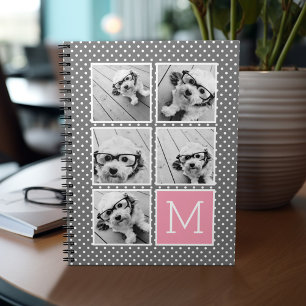Grey and Pink 5 Photo Collage with Monogram Notebook