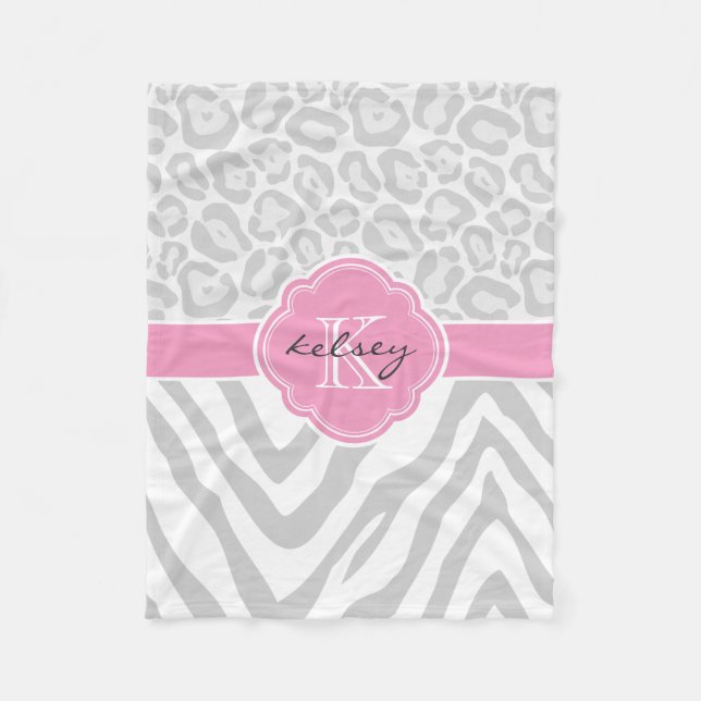 Grey and Pink Animal Print Custom Monogram Fleece Blanket (Front)