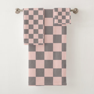 Grey and Pink Chequerboard Bath Towel Set