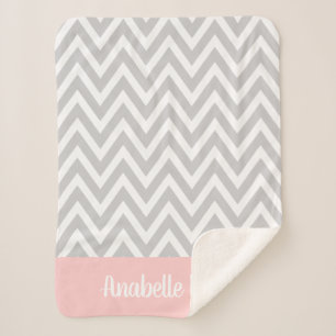Grey and Pink Chevron Baby Name Monogrammed Sherpa Blanket