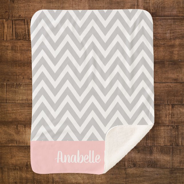 Grey and Pink Chevron Baby Name Monogrammed Sherpa Blanket (Creator Uploaded)