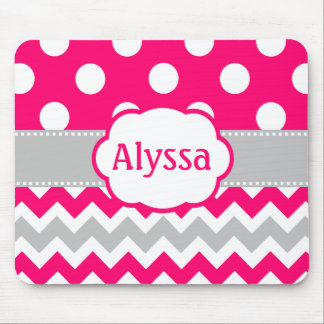 Grey and Pink Chevron Dots Personalized Mouse Pad