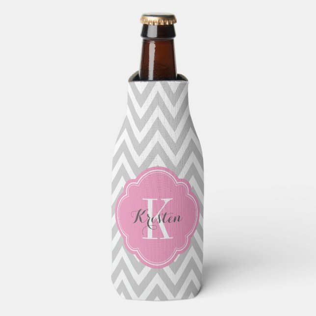 Grey and Pink Chevron Monogram Bottle Cooler (Bottle Front)