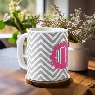 Grey and Pink Chevrons with Custom Monogram Coffee Mug