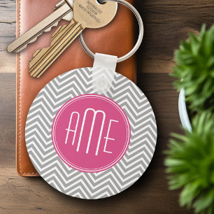 Grey and Pink Chevrons with Custom Monogram Keychain