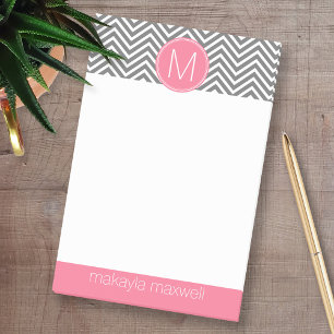 Grey and Pink Chevrons with Custom Monogram Post-it Notes