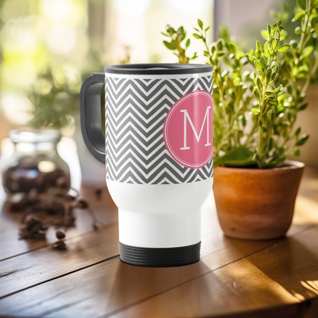 Grey and Pink Chevrons with Custom Monogram Travel Mug (Personalized travel mug - add photos and text or customize completely)