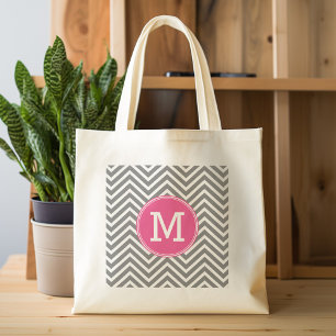 Grey and Pink Chevrons with Custom Triple Monogram Large Tote Bag