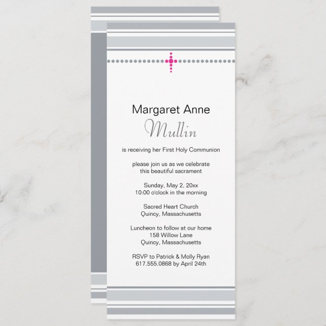 Grey and Pink Cross First Communion Invitation (Front/Back)