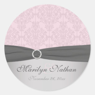 Grey and Pink Damask 1.5" Round Sticker