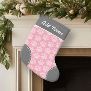Grey and Pink Dog Paw Print Pattern Custom Name Small Christmas Stocking