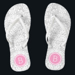 Grey and Pink Floral Damask Monogram Flip Flops<br><div class="desc">Custom printed flip flop sandals with a stylish elegant floral damask pattern and your custom monogram or other text in a circle frame. Click Customize It to change text fonts and colours or add your own images to create a unique one of a kind design!</div>