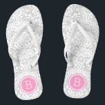 Grey and Pink Floral Damask Monogram Flip Flops<br><div class="desc">Custom printed flip flop sandals with a stylish elegant floral damask pattern and your custom monogram or other text in a circle frame. Click Customize It to change text fonts and colours or add your own images to create a unique one of a kind design!</div>