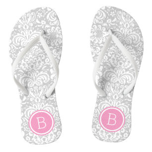 Grey and Pink Floral Damask Monogram Flip Flops