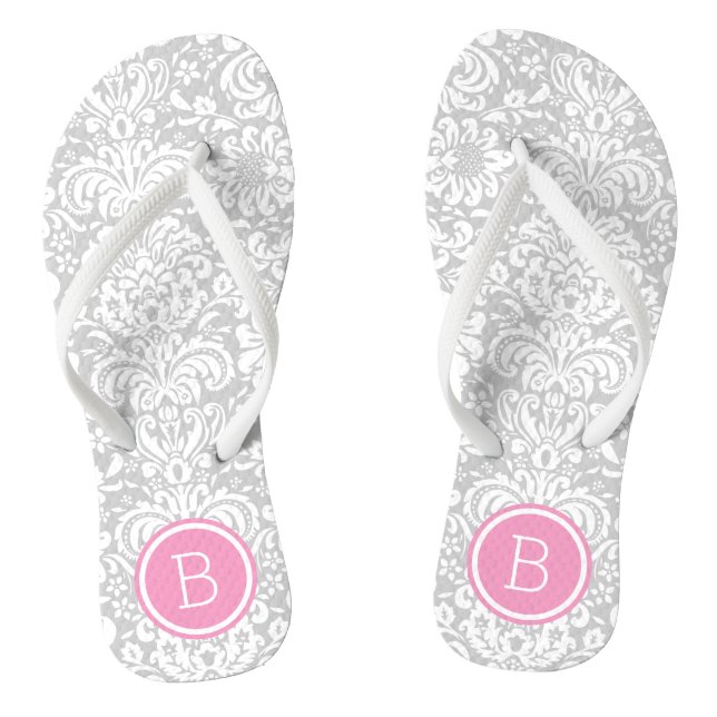 Grey and Pink Floral Damask Monogram Flip Flops (Footbed)