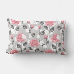 Grey and pink. Floral pattern Lumbar Pillow