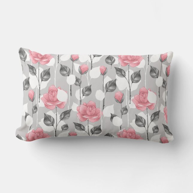 Grey and pink. Floral pattern Lumbar Pillow (Front)