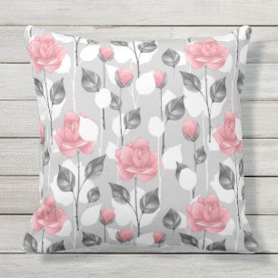 Grey and pink. Floral pattern Outdoor Pillow