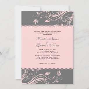 Grey and Pink Floral Swirls Wedding Invitation
