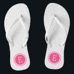 Grey and Pink Greek Key Monogram Flip Flops<br><div class="desc">Custom printed flip flop sandals with a stylish modern Greek key pattern and your custom monogram or other text in a circle frame. Click Customize It to change text fonts and colours or add your own images to create a unique one of a kind design!</div>