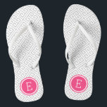 Grey and Pink Greek Key Monogram Flip Flops<br><div class="desc">Custom printed flip flop sandals with a stylish modern Greek key pattern and your custom monogram or other text in a circle frame. Click Customize It to change text fonts and colours or add your own images to create a unique one of a kind design!</div>