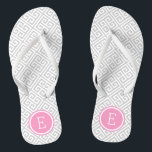 Grey and Pink Greek Key Monogram Flip Flops<br><div class="desc">Custom printed flip flop sandals with a stylish modern Greek key pattern and your custom monogram or other text in a circle frame. Click Customize It to change text fonts and colours or add your own images to create a unique one of a kind design!</div>