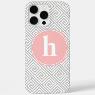 Grey and Pink Greek Key Pattern Monogram iPhone 16 Pro Max Case