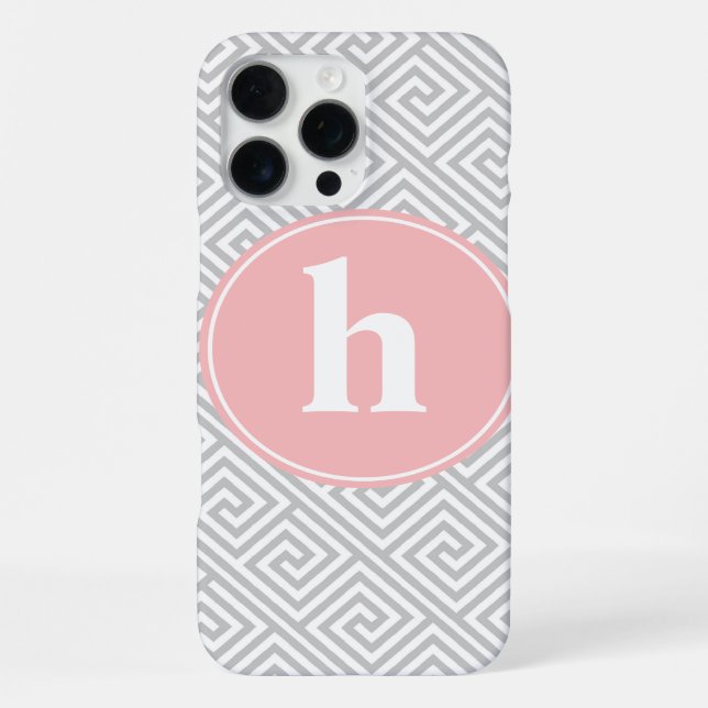 Grey and Pink Greek Key Pattern Monogram iPhone Case (Back)