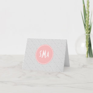 Grey and Pink Greek Key Pattern Monogram Note Card