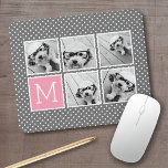 Grey and Pink Instagram 5 Photo Collage Monogram Mouse Pad<br><div class="desc">Pastel and White Polka Dot Pattern - Use five square photos to create a unique and personal gift. Or you can keep the hipster puppy and make a trendy keepsake. If you need to adjust the pictures,  click on the customize tool to make changes.</div>