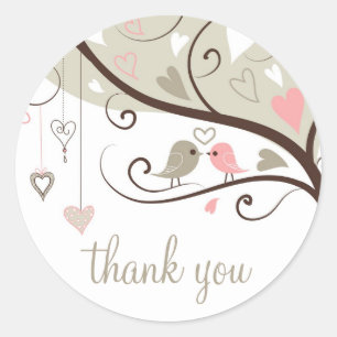 Grey and Pink Love Birds Wedding Thank You Sticker