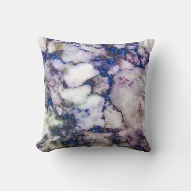 Grey And Pink Marble Stone And Blue Glitter Throw Pillow (Front)