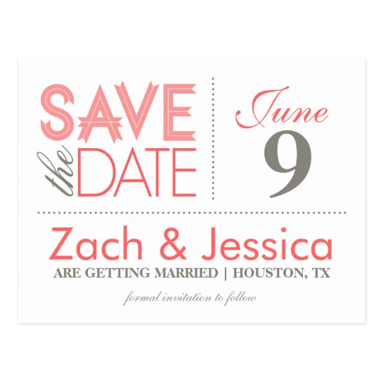 Grey and Pink Modern Typography Save the Date Postcard