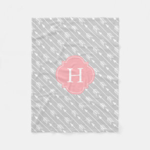 Grey and Pink Monogrammed Arrows Pattern Fleece Blanket