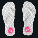 Grey and Pink Moroccan Quatrefoil Monogram Flip Flops<br><div class="desc">Custom printed flip flop sandals with a stylish Moroccan quatrefoil pattern and your custom monogram or other text in a circle frame. Click Customize It to change text fonts and colours or add your own images to create a unique one of a kind design!</div>