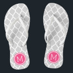 Grey and Pink Moroccan Quatrefoil Monogram Flip Flops<br><div class="desc">Custom printed flip flop sandals with a stylish Moroccan quatrefoil pattern and your custom monogram or other text in a circle frame. Click Customize It to change text fonts and colours or add your own images to create a unique one of a kind design!</div>