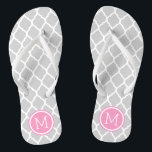 Grey and Pink Moroccan Quatrefoil Monogram Flip Flops<br><div class="desc">Custom printed flip flop sandals with a stylish Moroccan quatrefoil pattern and your custom monogram or other text in a circle frame. Click Customize It to change text fonts and colours or add your own images to create a unique one of a kind design!</div>