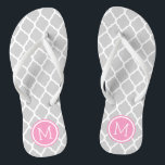 Grey and Pink Moroccan Quatrefoil Monogram Flip Flops<br><div class="desc">Custom printed flip flop sandals with a stylish Moroccan quatrefoil pattern and your custom monogram or other text in a circle frame. Click Customize It to change text fonts and colours or add your own images to create a unique one of a kind design!</div>