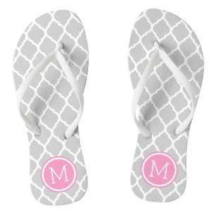 Grey and Pink Moroccan Quatrefoil Monogram Flip Flops