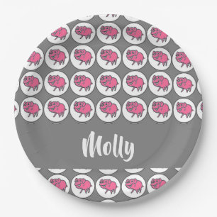 Grey and pink pig pattern paper plate