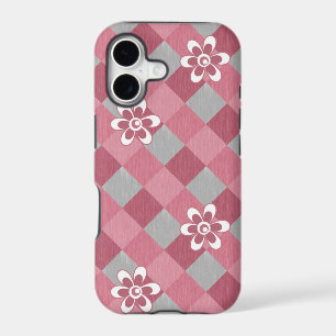 Grey and pink plaid with chamomile flowers