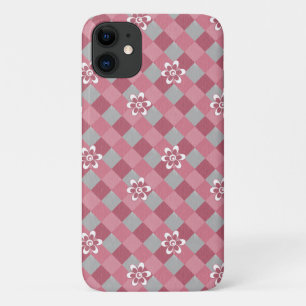 Grey and pink plaid with chamomile flowers iPhone 11 case