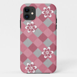 Grey and pink plaid with chamomile flowers iPhone 11 case
