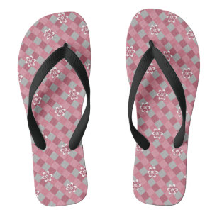 Grey and pink plaid with chamomile flowers flip flops