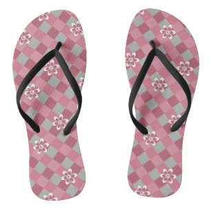 Grey and pink plaid with chamomile flowers flip flops
