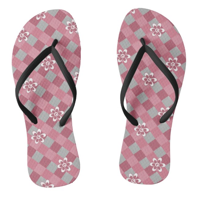 Grey and pink plaid with chamomile flowers flip flops (Footbed)