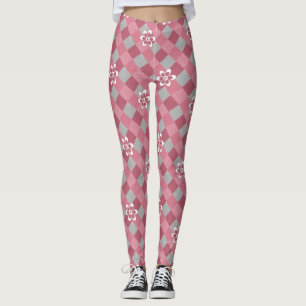 Grey and pink plaid with chamomile flowers leggings