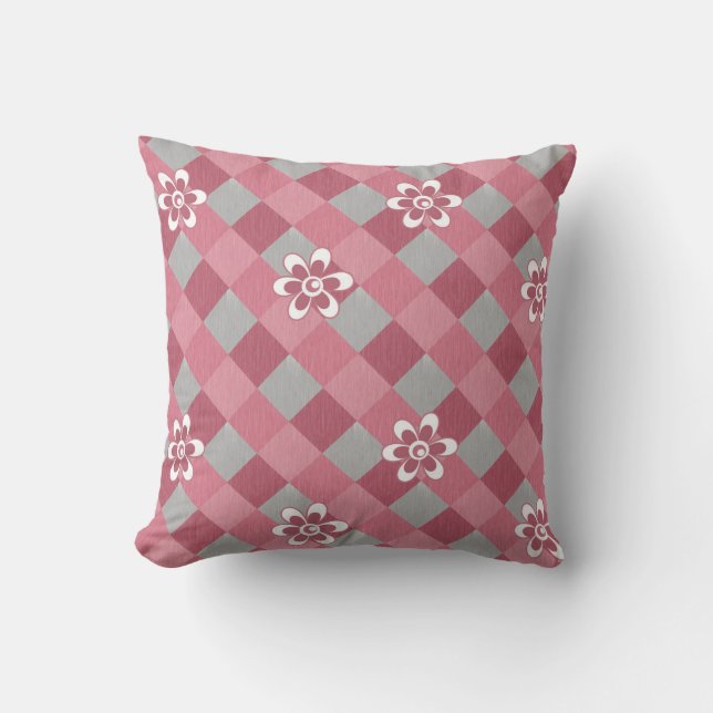 Grey and pink plaid with chamomile flowers throw pillow (Front)